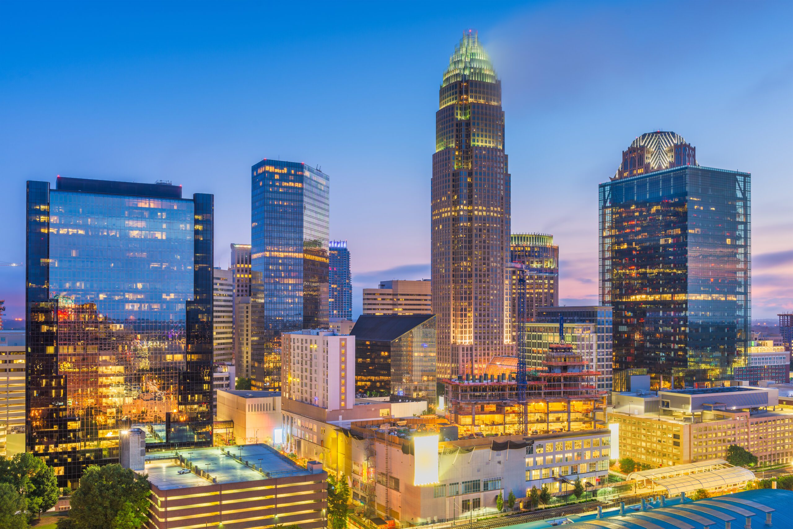 Charlotte, North Carolina, USA uptown skyline at twilight.